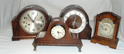 Lot 34 - Four various mantel clocks, Bakelite cased wall clock and pair of Victorian pottery vases