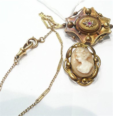 Lot 75 - A Victorian seed pearl and ruby brooch, a cameo brooch and a short chain