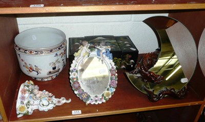 Lot 111 - Three items of flower-encrusted porcelain and sundry on one shelf