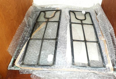 Lot 113 - Stained glass square panel and two smaller glass panels of foliate design and a brass hanging...