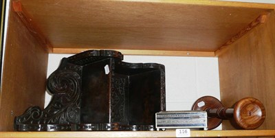 Lot 116 - Pair of carved oak brackets, candlestand and a jewellery box