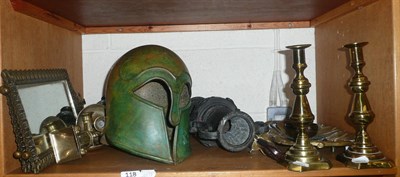 Lot 118 - Reproduction Spartan helmet, brass candlesticks, two mirrors, chambersticks, etc