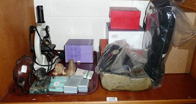 Lot 119 - A fossil, silver, coins, cap and gown, boxed ceramics, microscope, etc