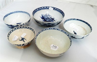 Lot 132 - Five assorted 18th century blue and white bowls