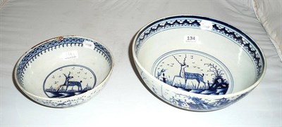 Lot 134 - A large 18th century pearlware blue and white bowl (restored) and another