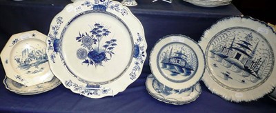 Lot 142 - An 18th century pearlware feather-edged circular meat dish, another meat dish and six plates (8)