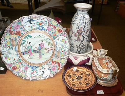 Lot 157 - Chinese famille rose charger, Dresden inkwell, glass vase, chamber pot, 19th century teapot and...