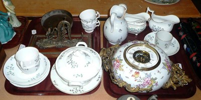 Lot 197 - Gilt and ceramics hanging wall clock, floral tea wares, desk stand, rosewood hinged box etc