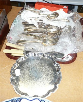 Lot 206 - Quantity of assorted plated flatware, a cut glass sugar castor and a plated wine waiter