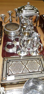 Lot 210 - A quantity of silver plate including bottle holders, tea urn and a bone hinged box