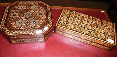 Lot 211 - Two parquetry and mother of pearl hinged boxes