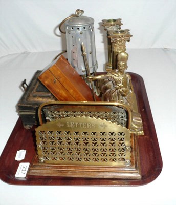 Lot 217 - A tray including brass candle sticks, minors lamp, letter rack and a small brass microscope etc