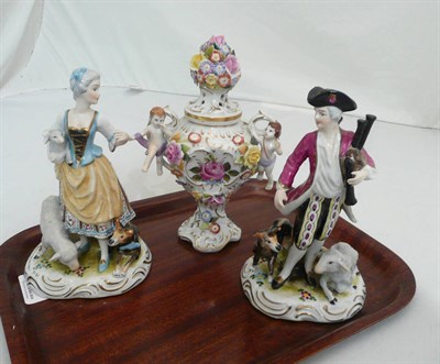 Lot 220 - A pair of 20th century Dresden figures of a shepherd and shepherdess and a German pot pourri...