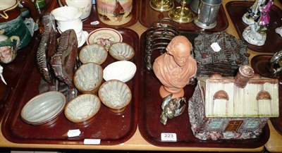 Lot 223 - Two trays including 19th century jelly moulds, plated toast rack, glazed fire side ornaments...