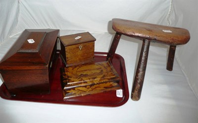 Lot 227 - A 19th century rosewood tea caddy, an elm small stool, cigar box and another tea caddy