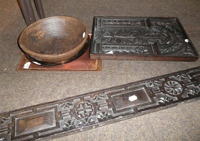 Lot 232 - Copper hammered tray, copper bowl, treen bowl, carved oak panel door and a carved oak plank