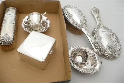 Lot 234 - Silver backed dressing table mirror, brushes, silver box and other small silver including box,...