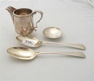 Lot 236 - A pair of Elkington & Co silver tablespoons, a silver cream jug and a Georg Jensen small silver...