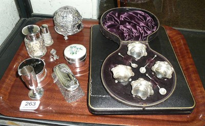 Lot 263 - Silver salts cased, silver dessert cutlery and various silver topped bottles (7)