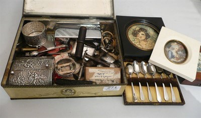 Lot 271 - A box including cork screws, silver, white metal, three miniatures, plated teaspoons etc