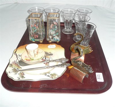 Lot 311 - Pair of enamelled glass vases, Worcester miniature cup and saucer and drinking glasses, silver...