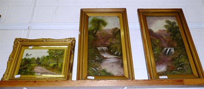 Lot 326 - Pair of 19th century gilt-framed watercolour landscapes and a gilt framed oil on board, country...