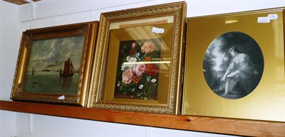 Lot 328 - Two gilt-framed oils still life, oil shipping scene and an oval mezzotint