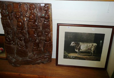 Lot 331 - African carved panel, fire-screen and a print