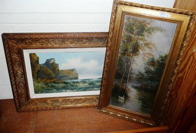 Lot 343 - Two paintings - a coastal scene and a river landscape with swans