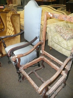 Lot 426 - Two Carolean-style walnut-framed open armchairs, one upholstered in blue the other in need of...