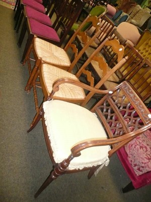 Lot 431 - A modern upholstered footstool, a pair of modern rush-seated armchairs and a single...