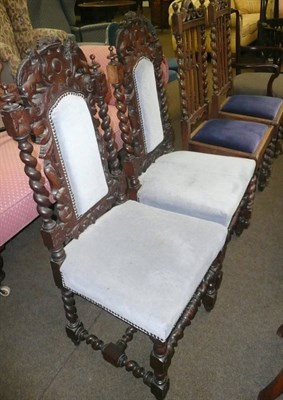 Lot 449 - A pair of Victorian carved oak hall chairs, a pair of oak dining chairs and a mahogany carver chair