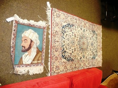 Lot 512 - Small Arabic portrait rug, 44cm by 58cm; and a small blue/beige/red rug, 100cm by 152cm (2)