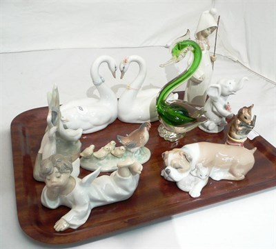 Lot 1 - Assorted Lladro and Nao figures, a glass bird and a Beswick 'Tailor of Gloucester' figure (a.f.)