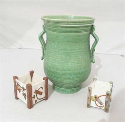 Lot 7 - Royal Worcester small square planter, another similar (a.f.) and a green pottery Cauldon vase