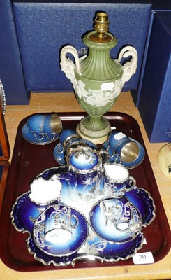 Lot 30 - Bavarian blue and silver coffee set, Royal Worcester blue and silver coffee set and a green and...