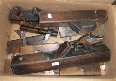 Lot 47 - A collection of beech woodworking planes, including moulding and jack planes, plus three metal...