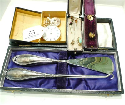 Lot 53 - Swiss gold ladies watch, button hook, a cased shoe horn, seven stock pins and a 9ct gold locket
