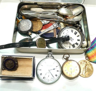 Lot 54 - Assorted silver pocket watches, silver teaspoons, military and other medals, etc