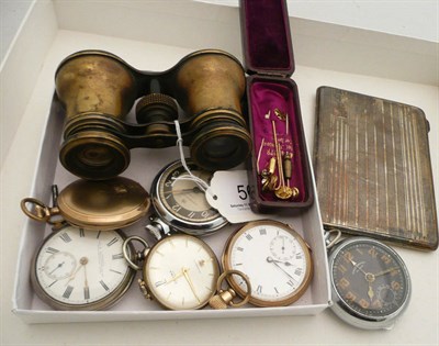 Lot 56 - Silver pocket watch, stick pins, sterling cigarette case, etc