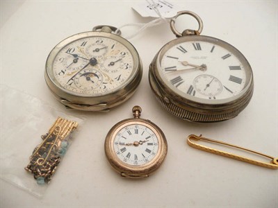 Lot 58 - A silver pocket watch, calendar pocket watch, lady's fob watch, a broken chain and a 9ct gold...