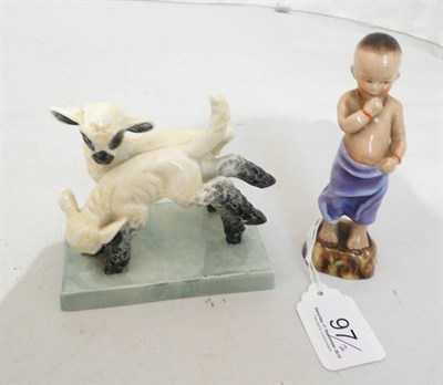 Lot 97 - Royal Worcester figure of a small boy 'Burma' 3068 and two lambs 'May Time' 3125