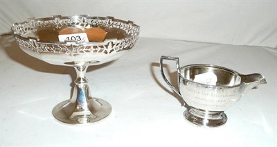 Lot 103 - Sterling cream jug and a silver pierced pedestal dish (2)