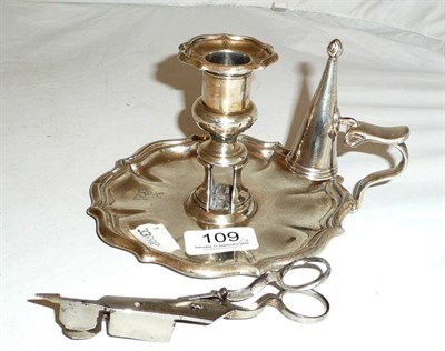 Lot 109 - Silver chamberstick with snuffer, Sheffield 1825 and a silver plated wick cutter