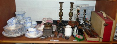 Lot 116 - Blue and white printed tea set, brass candlesticks, a parasol and other collectables, etc