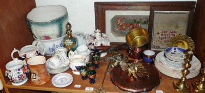 Lot 117 - Shelf of assorted pottery and glassware including Shelley, pair of brass candlesticks, copper...
