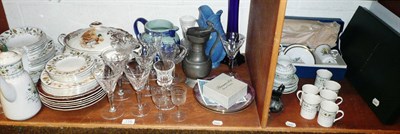 Lot 118 - Assorted Wedgwood and Doulton dinner and coffee wares, decorative china, etc on two shelves