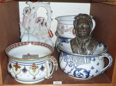Lot 121 - Staffordshire figure group 'The Rival', white pressed glass bowl and wine, bronzed bust of...