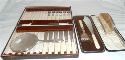 Lot 141 - Three piece silver brush set, cased fish servers and cased fish knives and forks