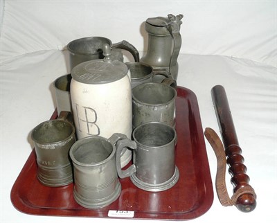 Lot 153 - A 19th century mahogany truncheon, a pewter-lidded stoneware mug and a quantity of other pewter